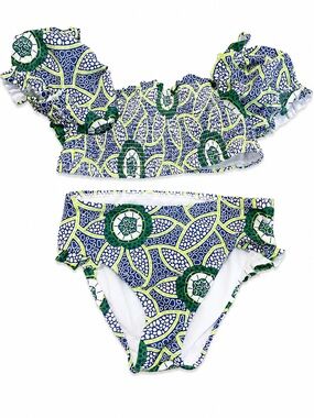 Janie and Jack Blue, Green and White Ruffle-Shoulder Two-Piece Swim Set